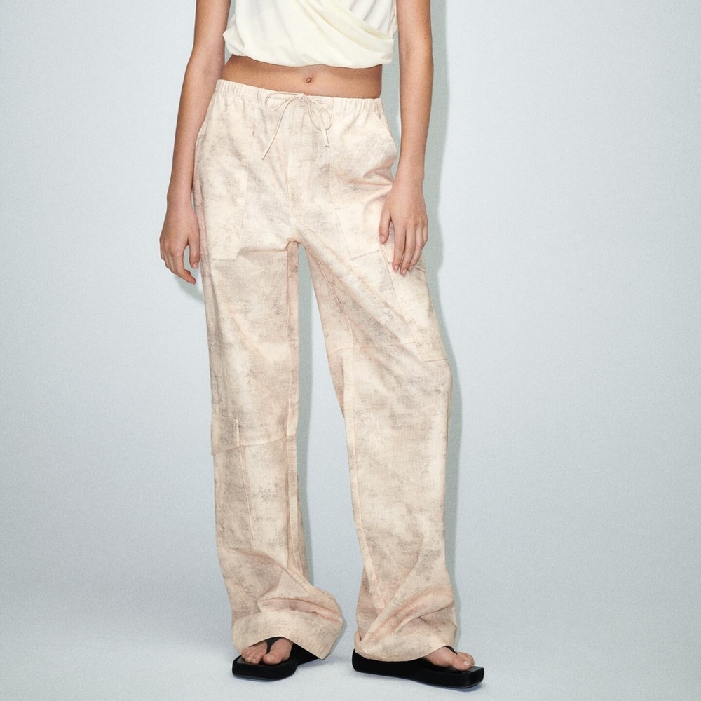 Zara Wide Leg Pants in Light Beige Tie-Dye
